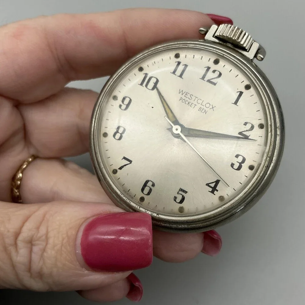 Vintage Westclox Pocket Ben Pocket Watch Men 50mm Silver Tone Manual Wind